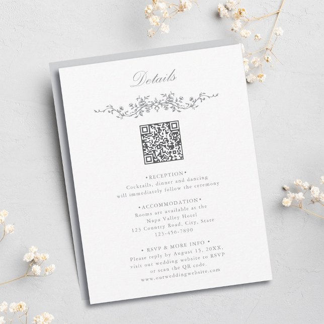 Grey Elegant Floral QR Code Wedding Details Enclosure Card (Creator Uploaded)