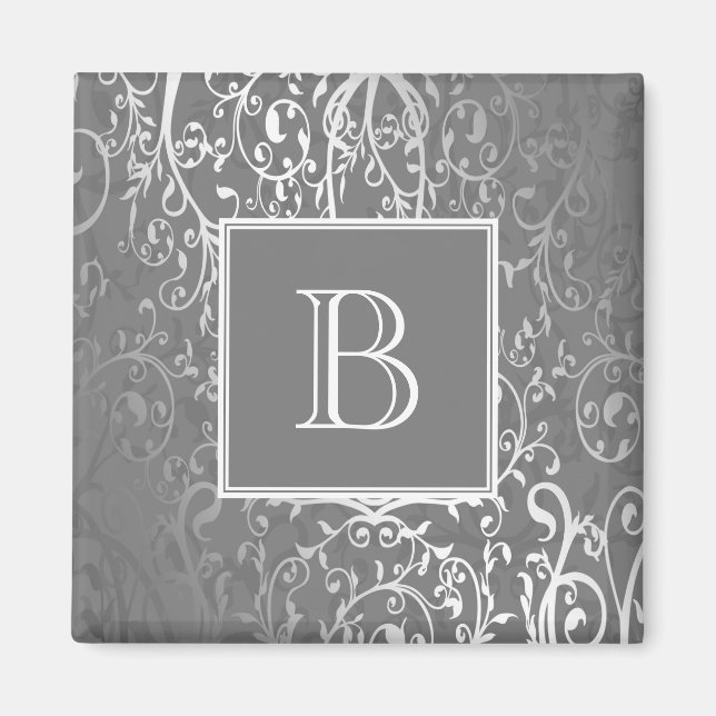 Grey Elegant Flourish Monogram Magnet (Front)