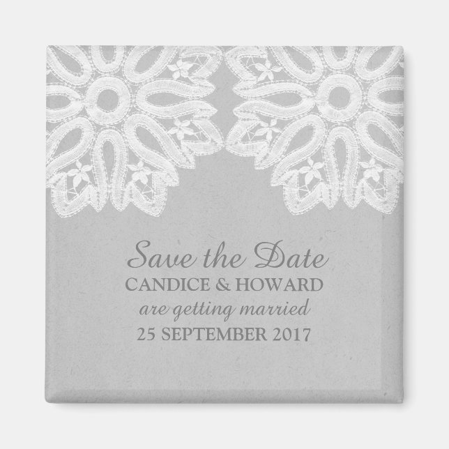 Grey Elegant Lace Save the Date Magnet (Front)