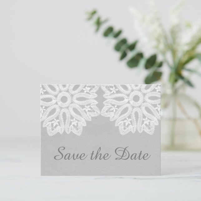 Grey Elegant Lace Save the Date Postcard (Standing Front)