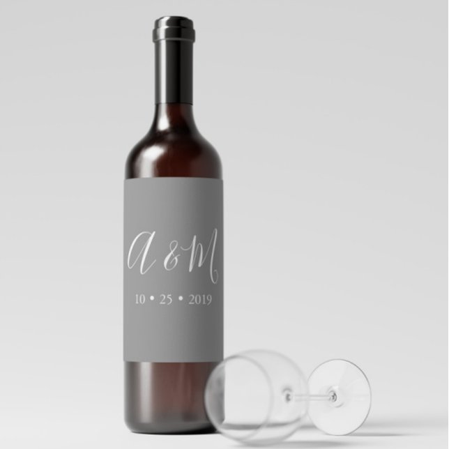 Grey Elegant Monogram Wedding Wine Label (Creator Uploaded)