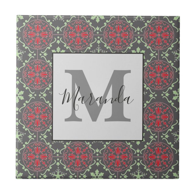 Grey Elegant Nordic Snowflake Winter Monogram Tile (Front)