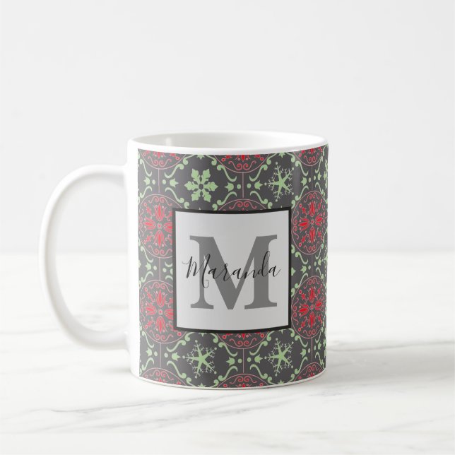 Grey Elegant Nordic Winter Snowflake Monogram Coffee Mug (Left)