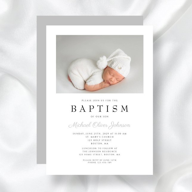 Grey Elegant Photo Boy Baptism Invitation (Gray Elegant Photo Boy Baptism Invitation)