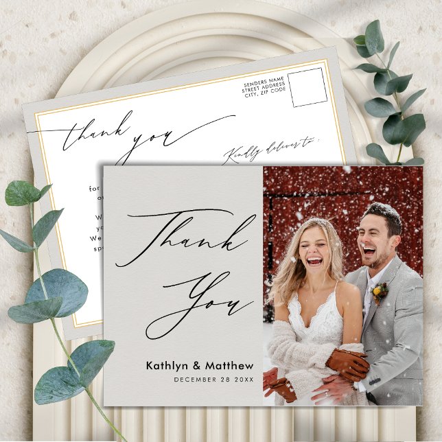 Grey Elegant Script Modern Photo Wedding Thank You Postcard (Creator Uploaded)