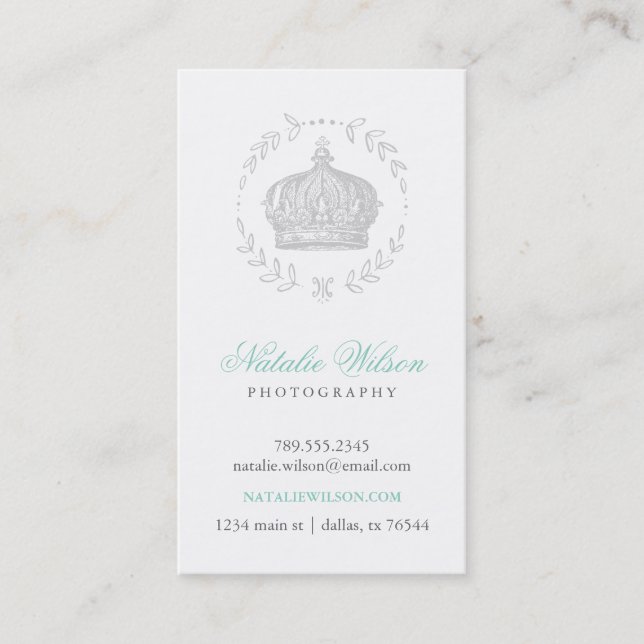 Grey Elegant Vintage Crown Vertical Business Card (Front)