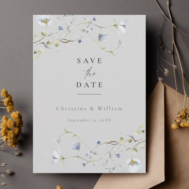 Grey Elegant Wildflower Wedding Save the Date Invitation (Creator Uploaded)