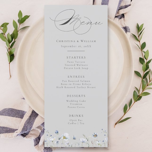 Grey Elegant Winter Wildflowers Wedding Menu (Creator Uploaded)