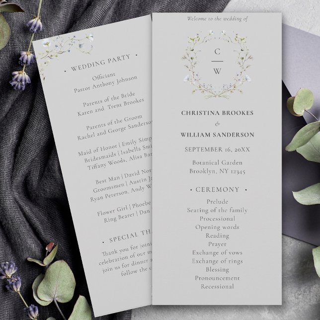 Grey Elegant Winter Wildflowers Wedding Programme (Creator Uploaded)