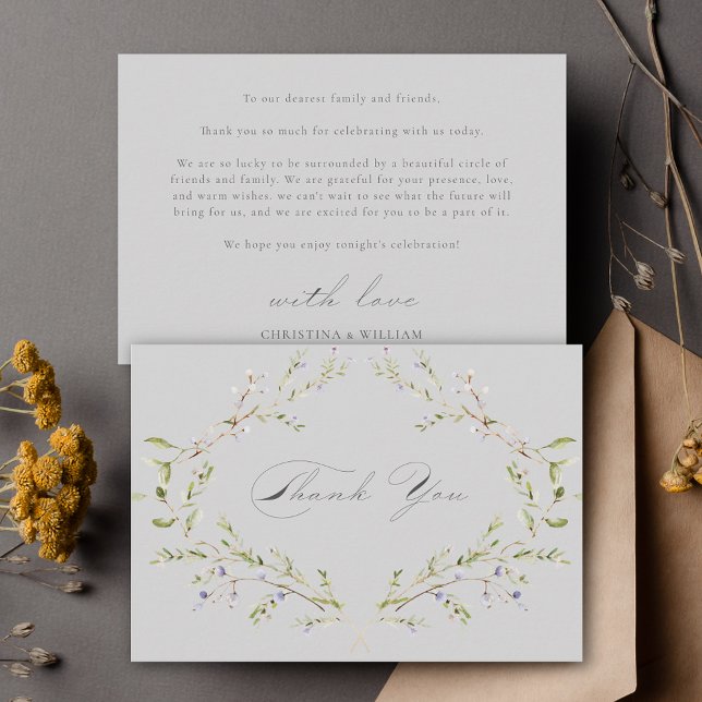 Grey Elegant Winter Wildflowers Wedding Thank You Card (Creator Uploaded)