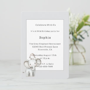 Grey Elephant and Bird Birthday Invitation