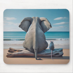 Grey Elephant and Mouse On Beach Log Mouse Pad