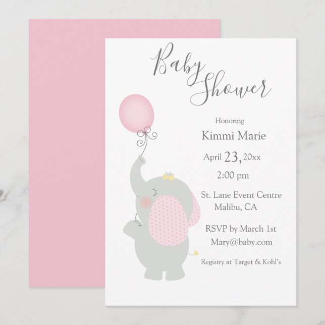 Grey Elephant BalloonMinimalistic Cute Script Invitation (Front/Back)