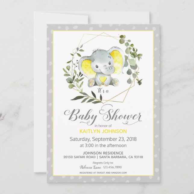 Grey Elephant Modern Baby Shower Invitation (Front)
