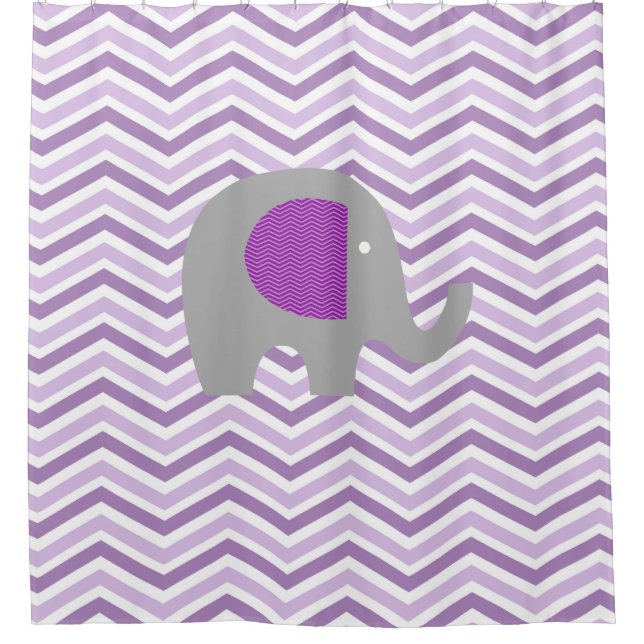Grey Elephant on Purple, Lavender, White Chevron Shower Curtain (Front)
