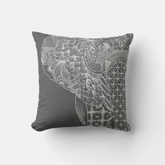 Grey Elephant Pattern Throw Pillo Cushion (Front)