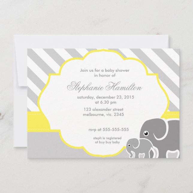 Grey  elephants lemon neutral baby shower invitation (Front)