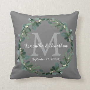 Grey Eucalyptus Monogram Wreath Wedding Keepsake Cushion