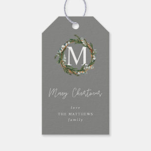 Grey Eucalyptus Wreath Monogram V2 Gift Tags
