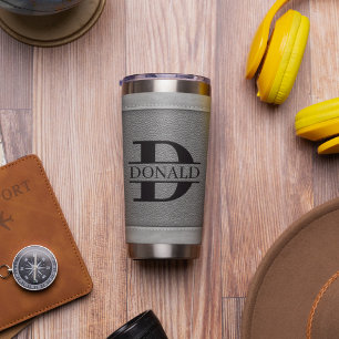 Grey Fake Leather Stiches Monogram Custom Name Insulated Tumbler