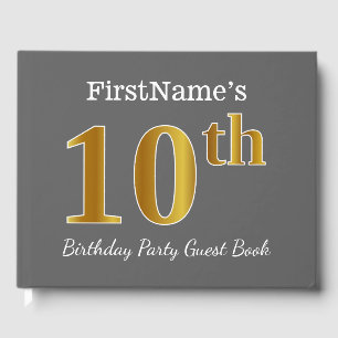 Grey, Faux Gold 10th Birthday Party + Custom Name Guest Book