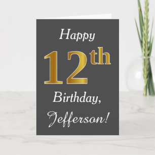 Grey, Faux Gold 12th Birthday + Custom Name Card