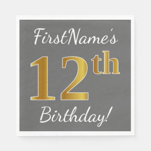 Grey, Faux Gold 12th Birthday + Custom Name Napkin