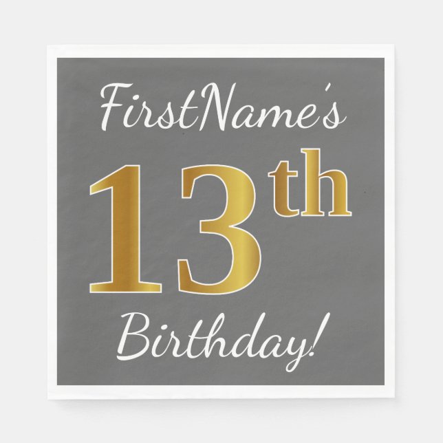 Grey, Faux Gold 13th Birthday + Custom Name Napkin (Front)