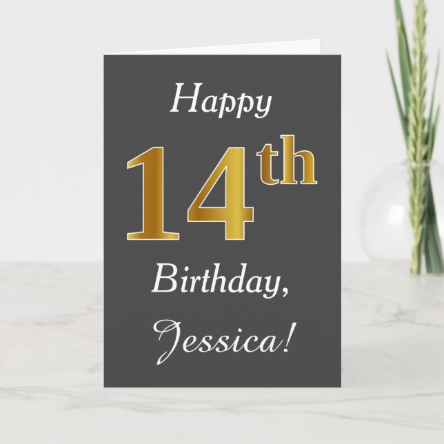 Grey, Faux Gold 14th Birthday + Custom Name Card (Front)