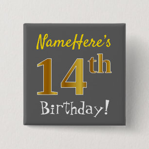 Grey, Faux Gold 14th Birthday, With Custom Name 15 Cm Square Badge