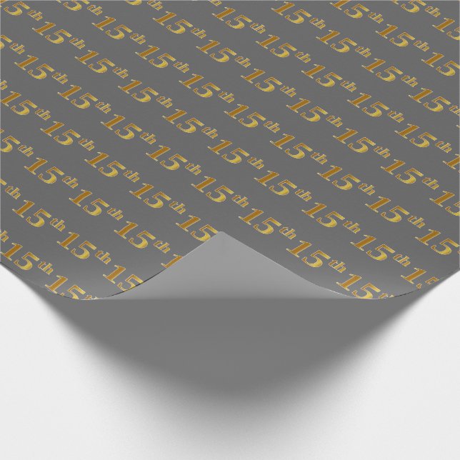 Grey, Faux Gold 15th (Fifteenth) Event Wrapping Paper (Corner)
