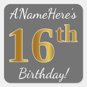 Grey, Faux Gold 16th Birthday + Custom Name Square Sticker