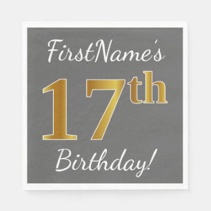 Grey, Faux Gold 17th Birthday + Custom Name Napkin