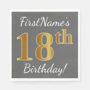Grey, Faux Gold 18th Birthday + Custom Name Napkin