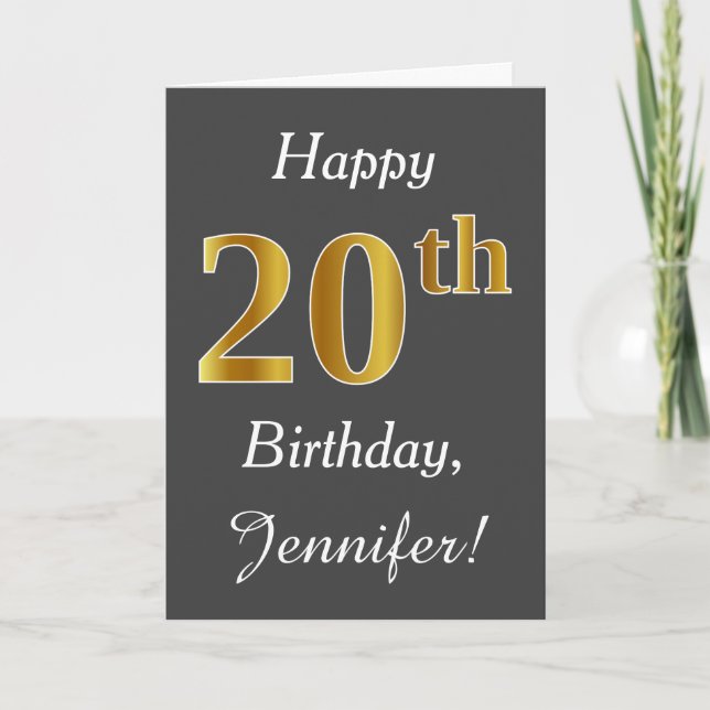 Grey, Faux Gold 20th Birthday + Custom Name Card (Front)