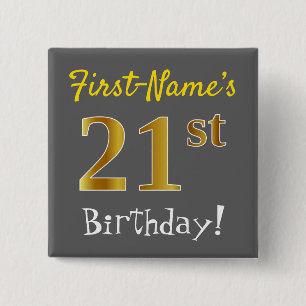 Grey, Faux Gold 21st Birthday, With Custom Name 15 Cm Square Badge