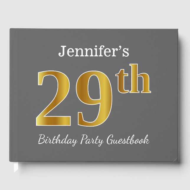 Grey, Faux Gold 29th Birthday Party + Custom Name Guest Book (Front)