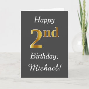 Grey, Faux Gold 2nd Birthday + Custom Name Card