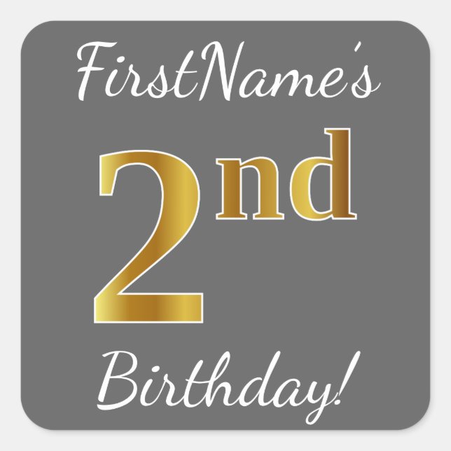 Grey, Faux Gold 2nd Birthday + Custom Name Sticker (Front)