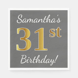 Grey, Faux Gold 31st Birthday + Custom Name Napkin
