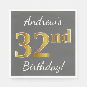 Grey, Faux Gold 32nd Birthday + Custom Name Napkin