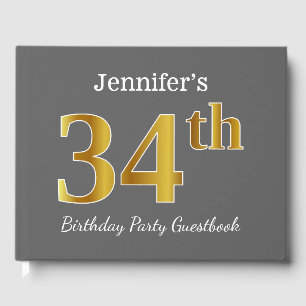 Grey, Faux Gold 34th Birthday Party + Custom Name Guest Book
