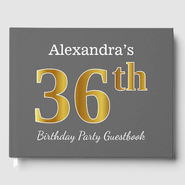 Grey, Faux Gold 36th Birthday Party + Custom Name Guest Book (Front)