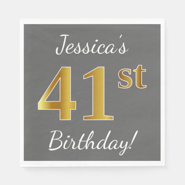 Grey, Faux Gold 41st Birthday + Custom Name Napkin (Front)