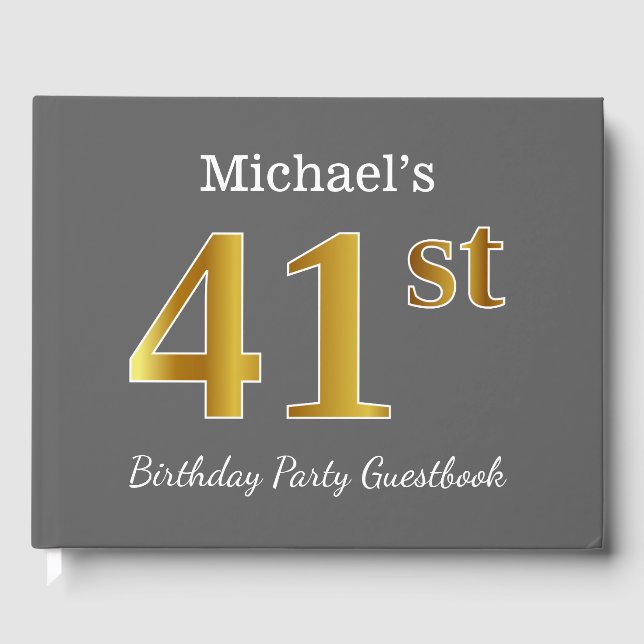 Grey, Faux Gold 41st Birthday Party + Custom Name Guest Book (Front)