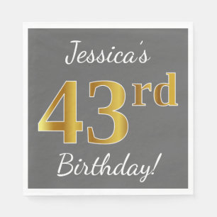 Grey, Faux Gold 43rd Birthday + Custom Name Napkin