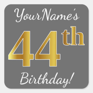 Grey, Faux Gold 44th Birthday + Custom Name Square Sticker
