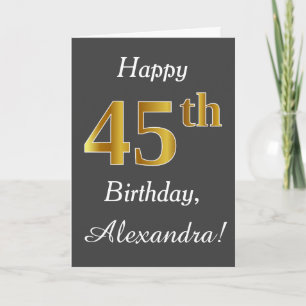 Grey, Faux Gold 45th Birthday + Custom Name Card