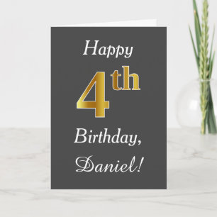 Grey, Faux Gold 4th Birthday + Custom Name Card