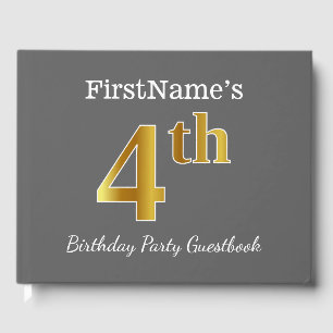 Grey, Faux Gold 4th Birthday Party + Custom Name Guest Book